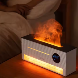 Difuzor de Aromaterapie cu Efect de Flacara ELUXIO tip Umidificator 3-in-1 cu Lampa de Sare Himalaya, 260ml
