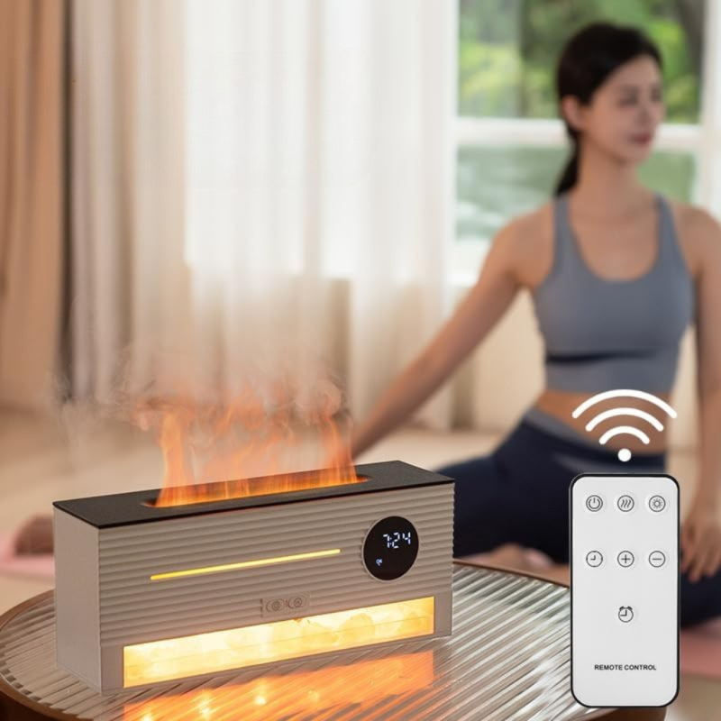 Difuzor de Aromaterapie cu Efect de Flacara ELUXIO tip Umidificator 3-in-1 cu Lampa de Sare Himalaya, 260ml