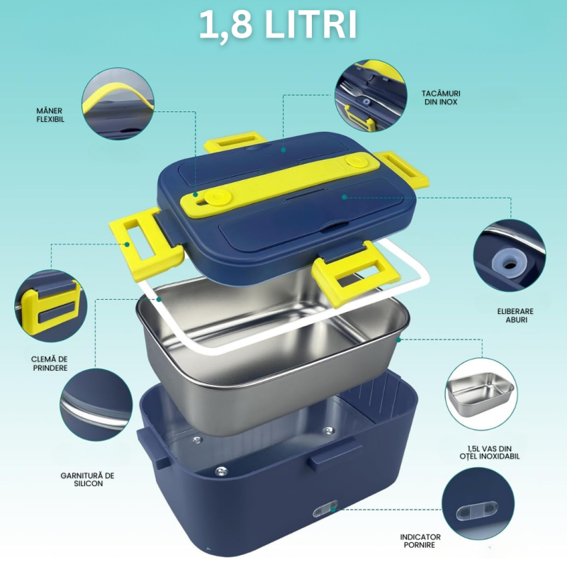 Caserola Electrica pentru Pranz Eluxio, 1.8L, 75W, Incalzire Rapida, 3 in 1 pentru Masina si Birou, Incalzitor Alimente Portabil