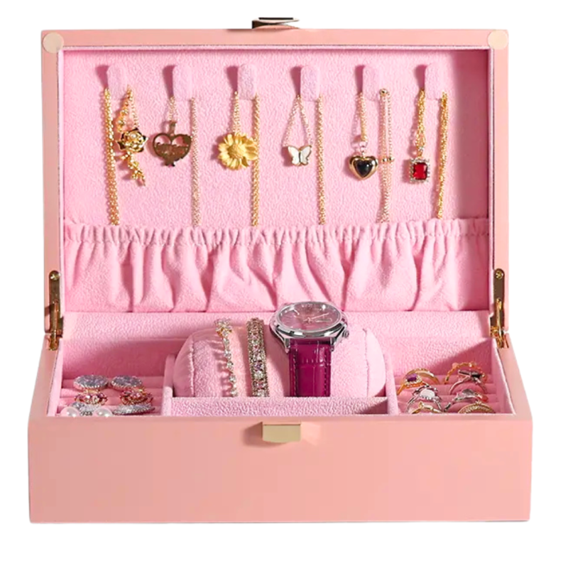 Cutie Eleganta pentru Bijuterii tip Organizator bijuterii, Design din Lemn si Catifea, Roz, 23 x 15 x 7.5 cm