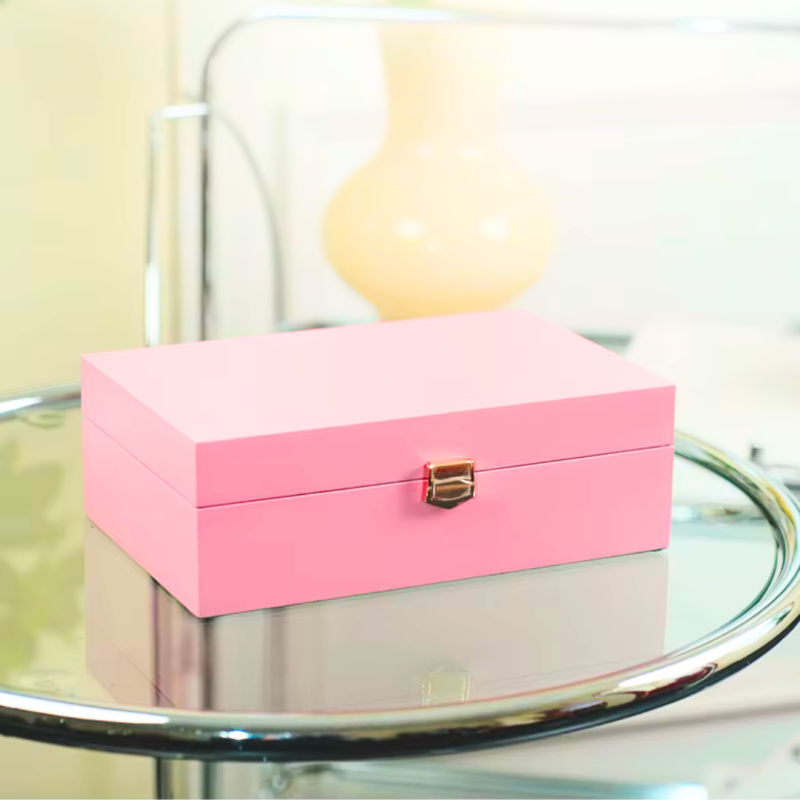 Cutie Eleganta pentru Bijuterii tip Organizator bijuterii, Design din Lemn si Catifea, Roz, 23 x 15 x 7.5 cm