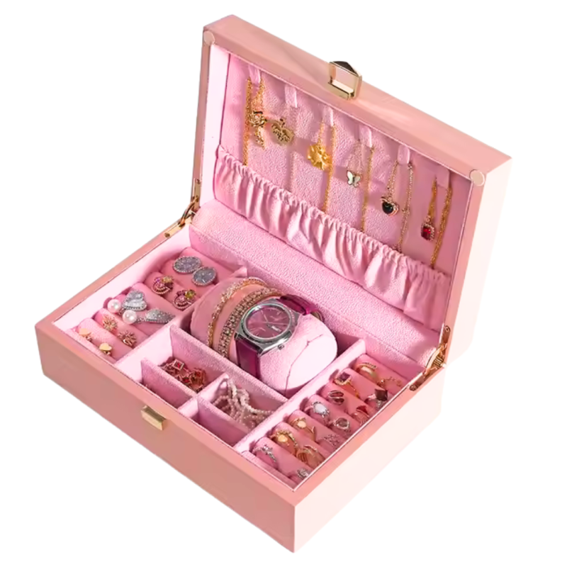Cutie Eleganta pentru Bijuterii tip Organizator bijuterii, Design din Lemn si Catifea, Roz, 23 x 15 x 7.5 cm