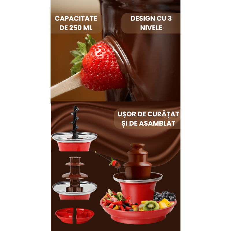 Fantana de Ciocolata Electrica cu 3 Nivele, Set Mini Fondue cu Tavita pentru Servire, Functie de Mentinere la Cald