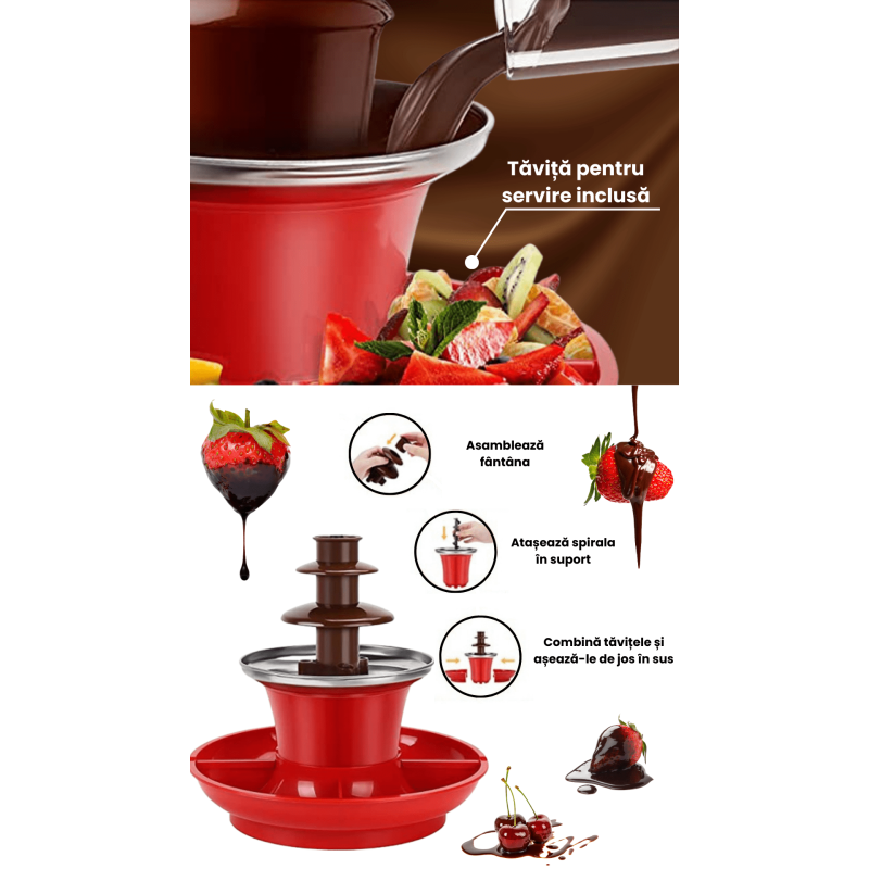 Fantana de Ciocolata Electrica cu 3 Nivele, Set Mini Fondue cu Tavita pentru Servire, Functie de Mentinere la Cald