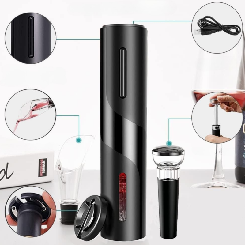 Desfacator Electric de Sticle Vin Eluxio®, Set Profesional 3-in-1 , Reincarcabil USB, Aerator, Dop Vidat, Taietor de Folie