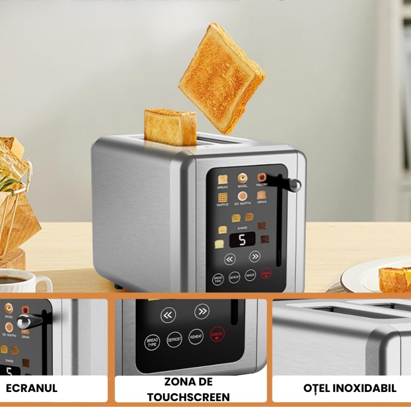 Prajitor de Paine Digital Eluxio, Panou de control touch, Temporizator, 6 Setari de Rumenire, Functie Bagel, Inox