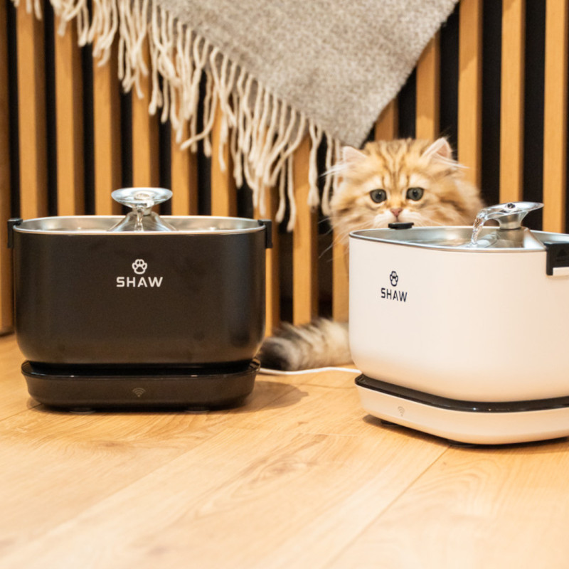 Fantana de apa smart SHAW® PRO V3 cu baterie si senzor, aplicatie mobila, sterilizare UV, pompa wireless, sistem filtrare, Negru