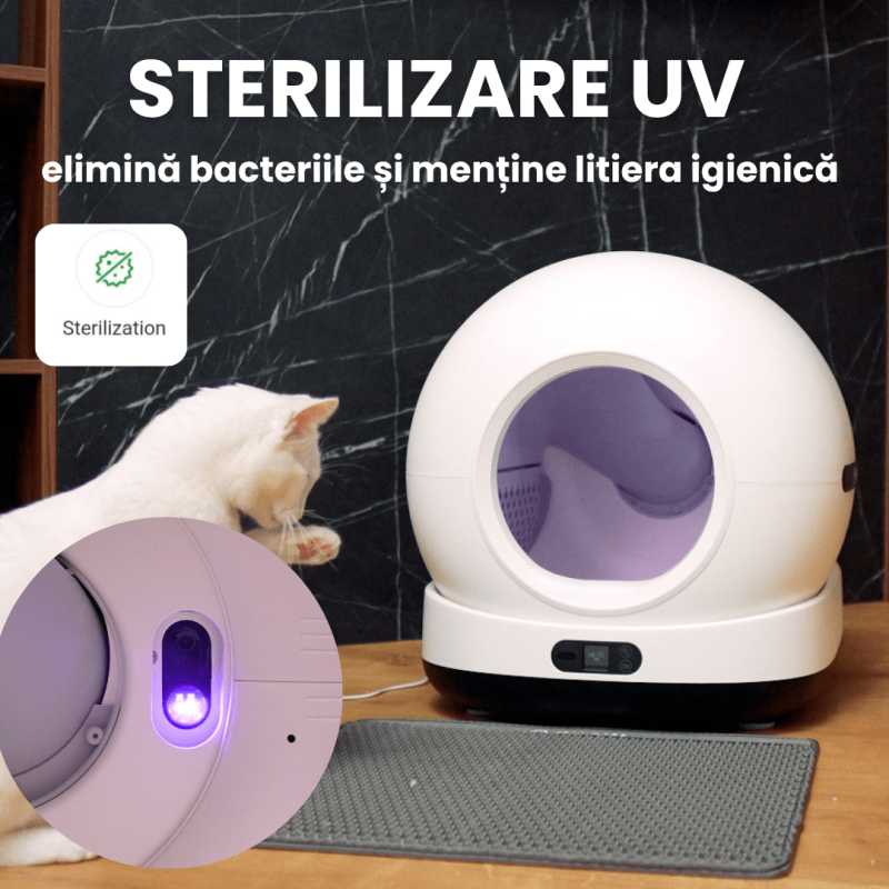 Litiera automata smart SHAW® Ultra View pentru pisici, camera video, auto-curatare, sterilizare UV, odorizant, aplicatie mobila