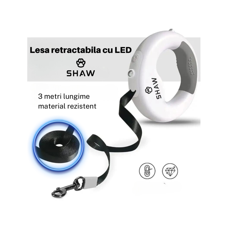 Lesa retractabila cu LED, SHAW, cu suport si o rola saci gunoi, 3 m
