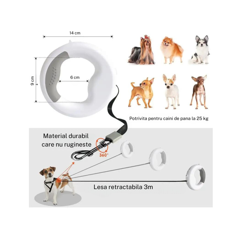 Lesa retractabila cu LED, SHAW, cu suport si o rola saci gunoi, 3 m