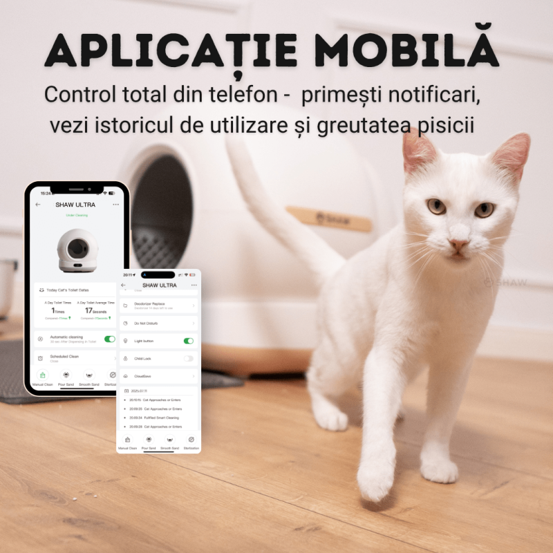 Litiera automata smart SHAW® Ultra pentru pisici, auto-curatare, sterilizare UV, odorizant, aplicatie mobila, bej