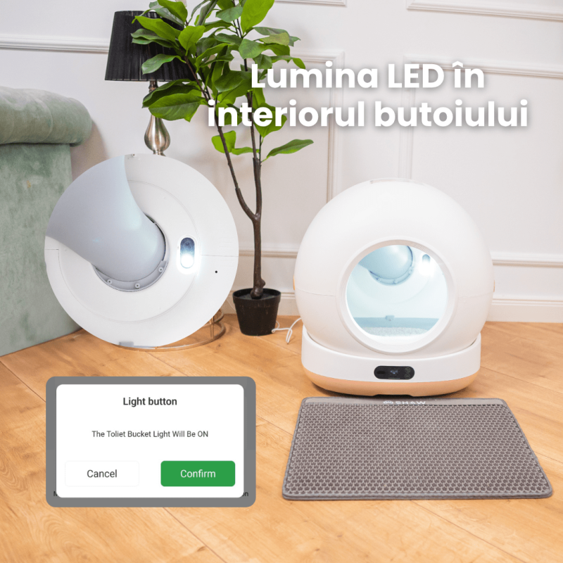 Litiera automata smart SHAW® Ultra pentru pisici, auto-curatare, sterilizare UV, odorizant, aplicatie mobila, bej