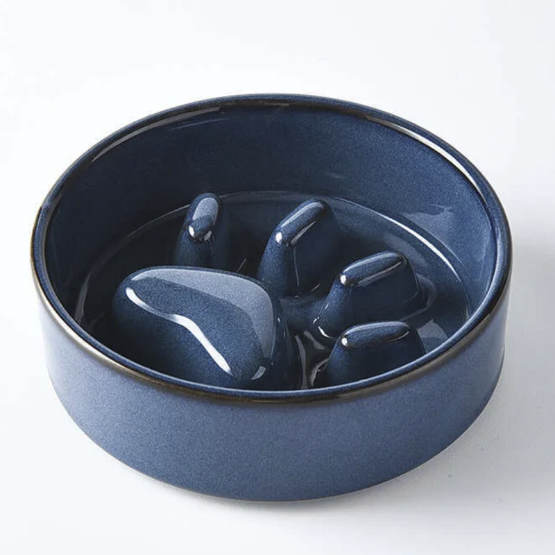 Bol Ceramic cu Suport din Lemn si Design Slow Feeder in Forma de Labuta, pentru Pisici si Caini, Albastru