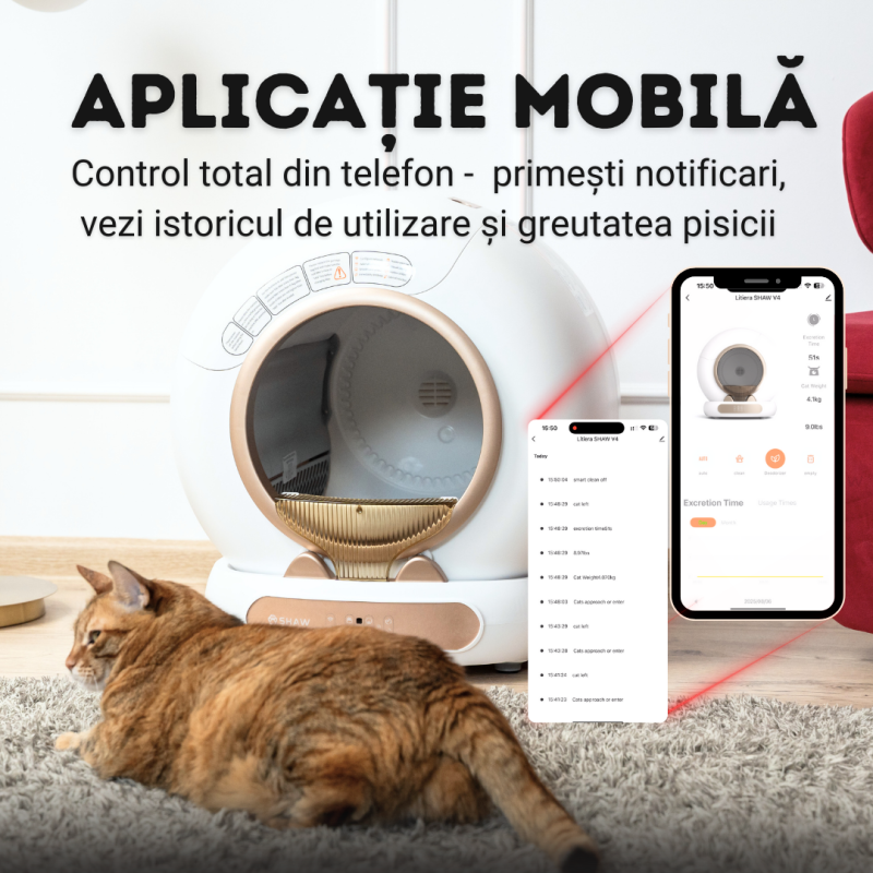 Litiera automata smart SHAW® V4 pentru pisici, auto-curatare, eliminare mirosuri prin ionizare, aplicatie mobila, 9L