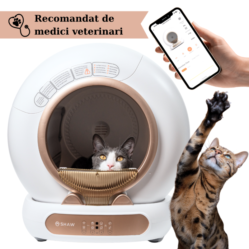 Litiera automata smart SHAW® V4 pentru pisici, auto-curatare, eliminare mirosuri prin ionizare, aplicatie mobila, 9L