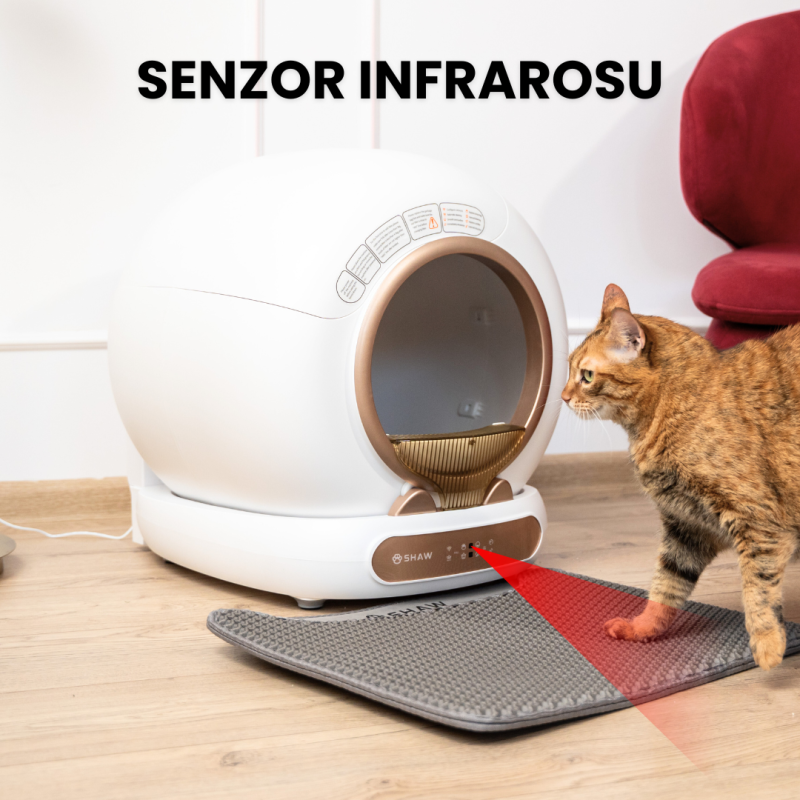 Litiera automata smart SHAW® V4 pentru pisici, auto-curatare, eliminare mirosuri prin ionizare, aplicatie mobila, 9L