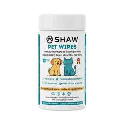Servetele umede SHAW Pet Wipes pentru caini si pisici, cu acid hipocloros HOCl, non-toxic, hipoalergenic, vet approved