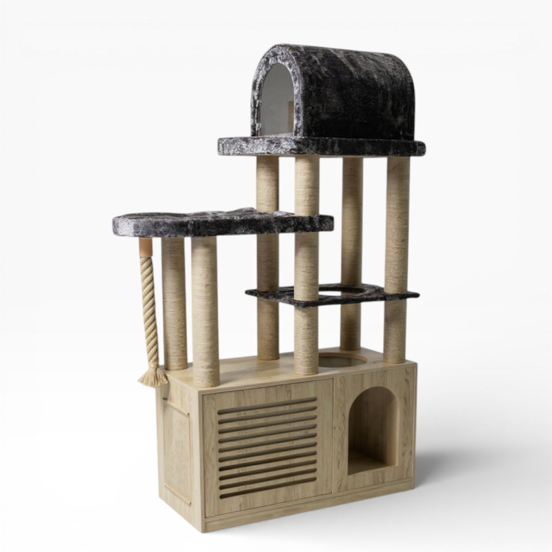 Ansamblu de catarat pentru pisici cu dulap pentru litiera, inaltime 200 cm, MDF premium, model Bodrum