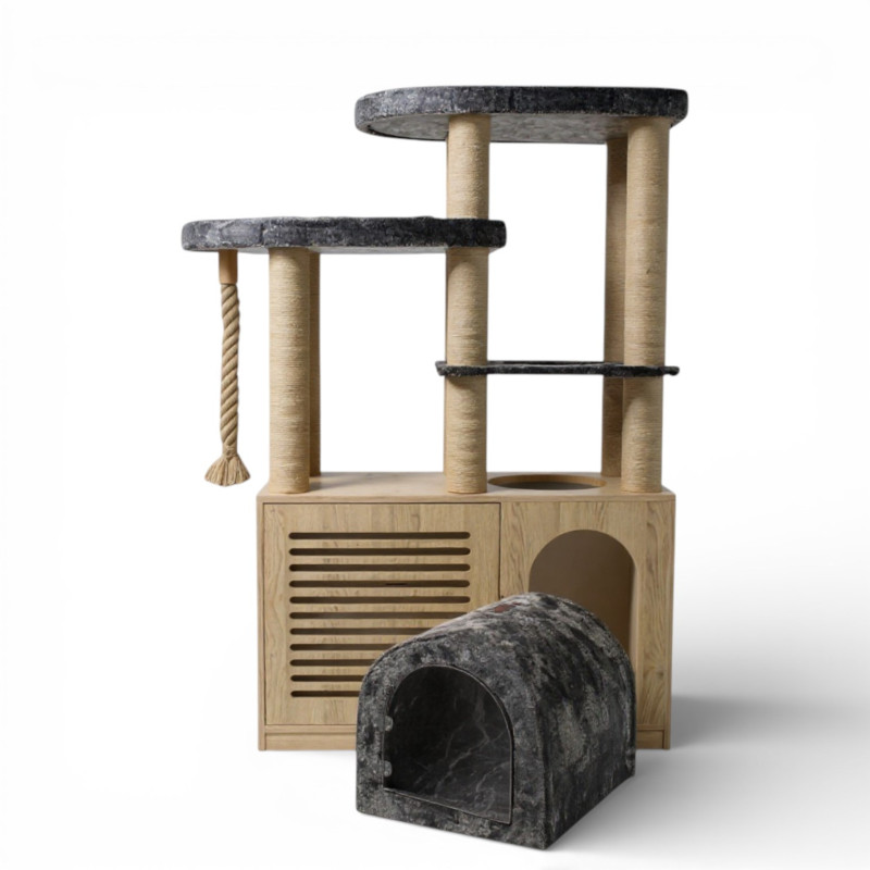 Ansamblu de catarat pentru pisici cu dulap pentru litiera, inaltime 200 cm, MDF premium, model Bodrum