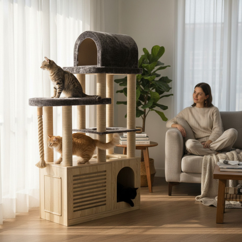 Ansamblu de catarat pentru pisici cu dulap pentru litiera, inaltime 200 cm, MDF premium, model Bodrum