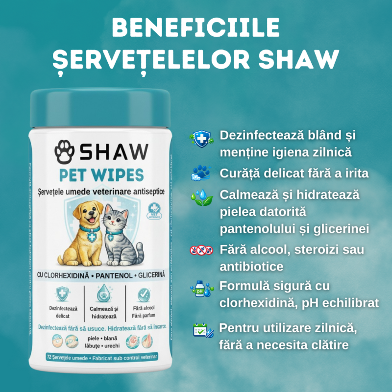 Servetele umede cu clorhexidina pentru caini si pisici, SHAW, Dezinfectare si hidratare zilnica