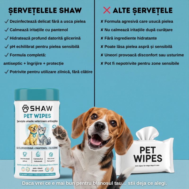 Servetele umede cu clorhexidina pentru caini si pisici, SHAW, Dezinfectare si hidratare zilnica