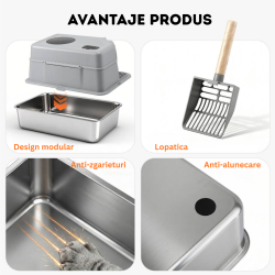 Litiera inox de colt 2 in 1  SHAW® XL pentru pisici, cu lopatica inclusa, intrare laterala, usor de curatat, rezistenta