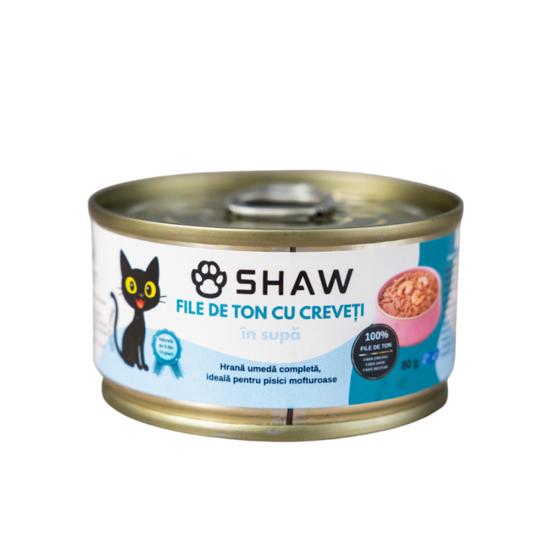 Hrana umeda premium SHAW pentru pisici adulte si mofturoase cu file de ton si creveti in supa, fara cereale, 80g