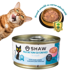 Hrana umeda premium SHAW pentru pisici adulte si mofturoase cu file de ton si creveti in supa, fara cereale, 80g