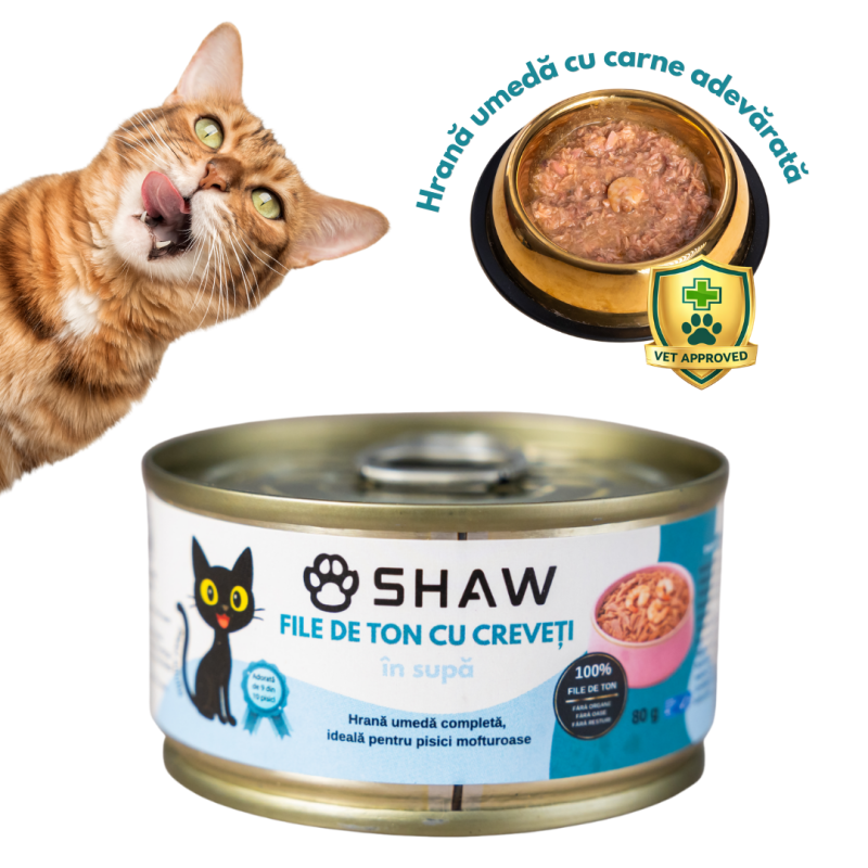 Hrana umeda premium SHAW pentru pisici adulte si mofturoase cu file de ton si creveti in supa, fara cereale, 80g
