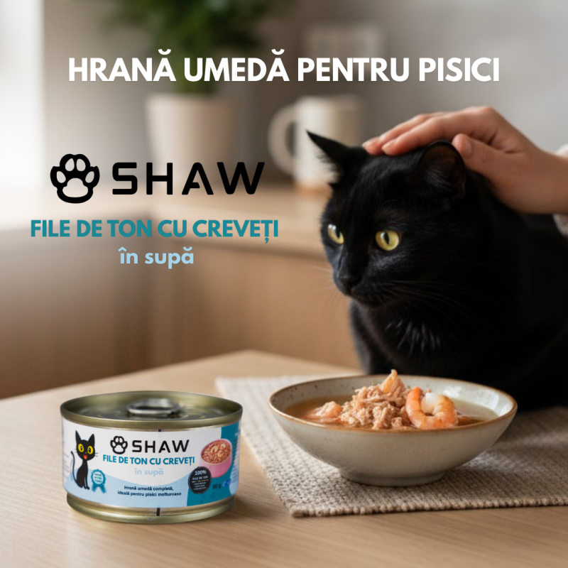 Hrana umeda premium SHAW pentru pisici adulte si mofturoase cu file de ton si creveti in supa, fara cereale, 80g