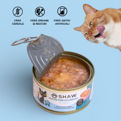 Hrana umeda premium SHAW pentru pisici adulte si mofturoase cu file de ton si creveti in supa, fara cereale, 80g