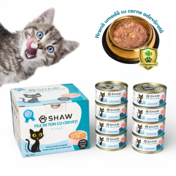 Hrana umeda premium SHAW pentru pisici adulte si mofturoase cu file de ton si creveti in supa, fara cereale, 80g