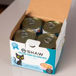 Hrana umeda premium SHAW pentru pisici adulte si mofturoase cu file de ton si creveti in supa, fara cereale, 80g