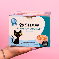 Hrana umeda premium SHAW pentru pisici adulte si mofturoase cu file de ton si creveti in supa, fara cereale, 80g
