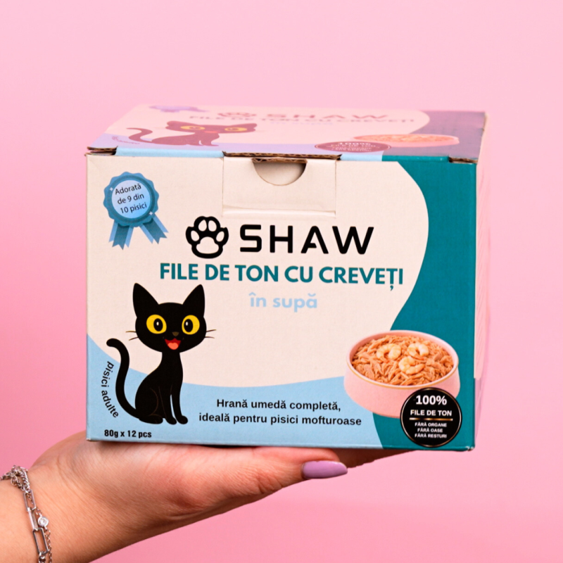 Hrana umeda premium SHAW pentru pisici adulte si mofturoase cu file de ton si creveti in supa, fara cereale, 80g