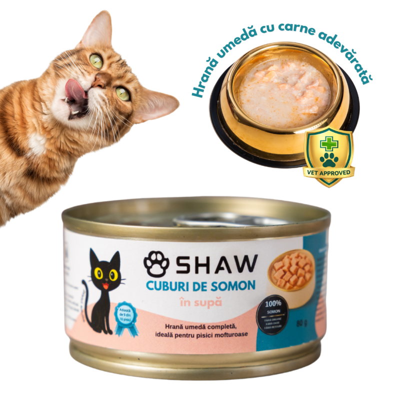Hrana umeda premium SHAW pentru pisici adulte si mofturoase cuburi de somon in supa, fara cereale, 80g