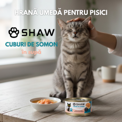 Hrana umeda premium SHAW pentru pisici adulte si mofturoase cuburi de somon in supa, fara cereale, 80g