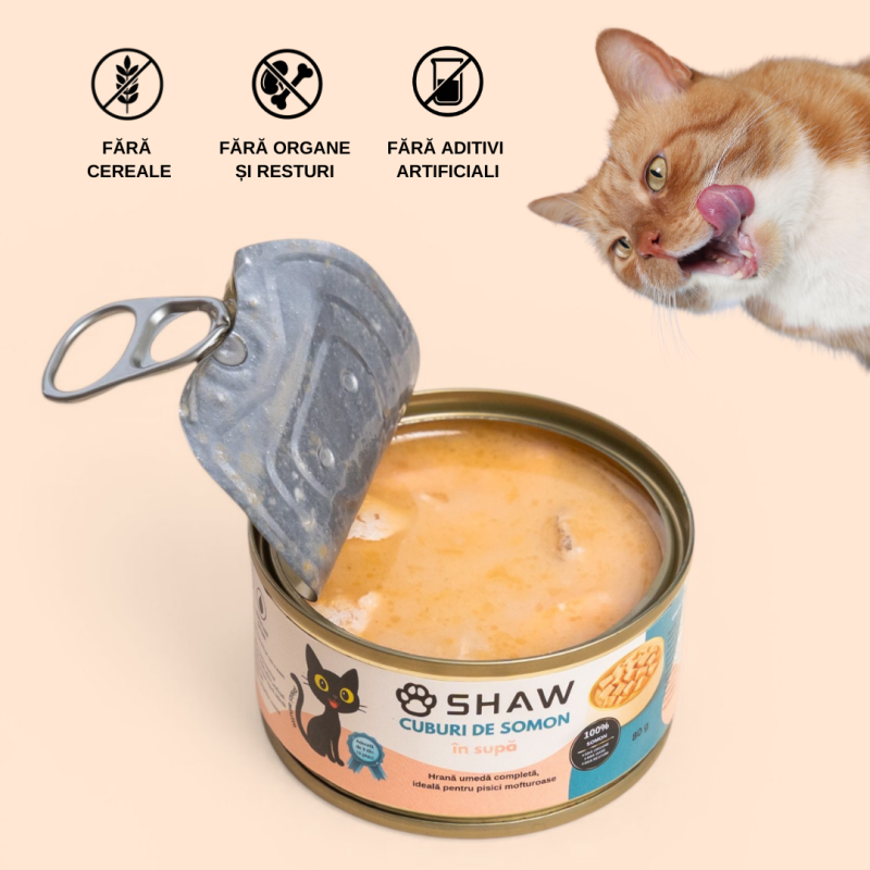 Hrana umeda premium SHAW pentru pisici adulte si mofturoase cuburi de somon in supa, fara cereale, 80g