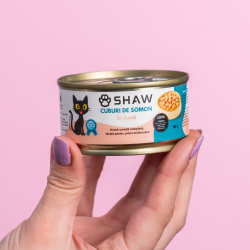 Hrana umeda premium SHAW pentru pisici adulte si mofturoase cuburi de somon in supa, fara cereale, 80g