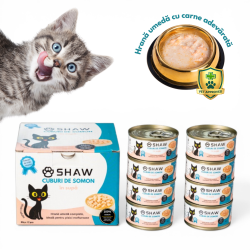 Hrana umeda premium SHAW pentru pisici adulte si mofturoase cuburi de somon in supa, fara cereale, 80g
