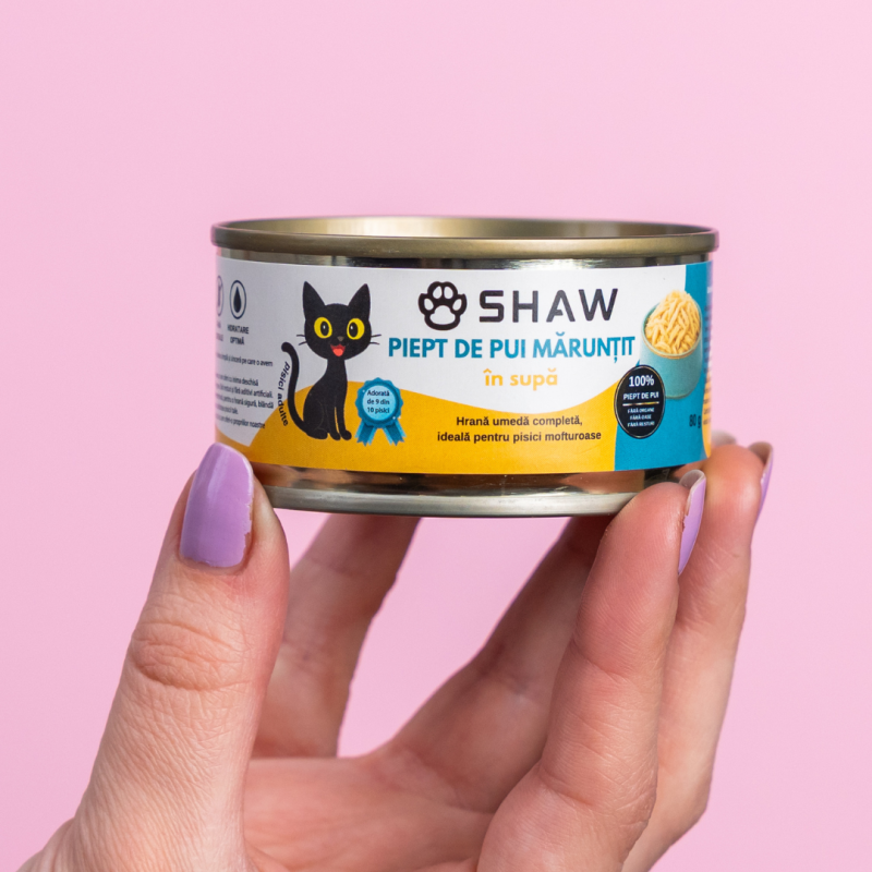 Hrana umeda premium SHAW pentru pisici adulte si mofturoase cu piept de pui maruntit in supa, fara cereale, 80g