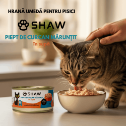 Hrana umeda premium SHAW pentru pisici adulte si mofturoase cu piept de curcan maruntit in supa, fara cereale, 80g