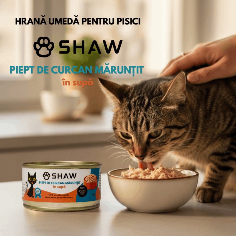 Hrana umeda premium SHAW pentru pisici adulte si mofturoase cu piept de curcan maruntit in supa, fara cereale, 80g