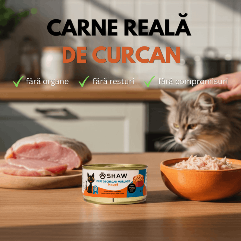 Hrana umeda premium SHAW pentru pisici adulte si mofturoase cu piept de curcan maruntit in supa, fara cereale, 80g