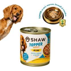 Topper premium pentru câini SHAW cu piept de pui, morcov, broccoli și mazăre în supă, hrană umedă complementară, 170 g
