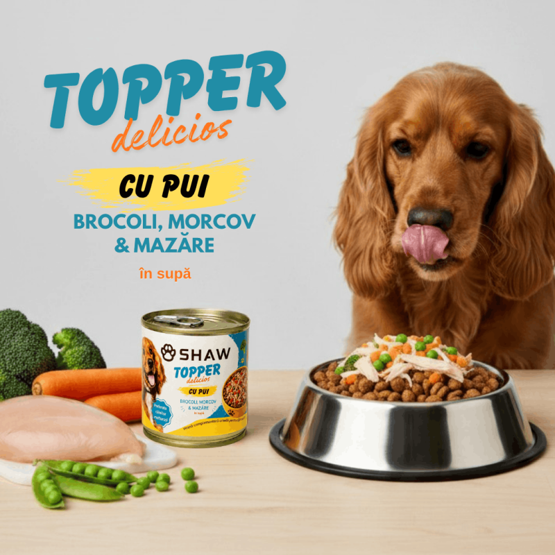 Topper premium pentru câini SHAW cu piept de pui, morcov, broccoli și mazăre în supă, hrană umedă complementară, 170 g