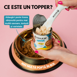 Topper premium pentru câini SHAW cu piept de pui, morcov, broccoli și mazăre în supă, hrană umedă complementară, 170 g
