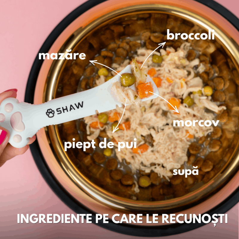 Topper premium pentru câini SHAW cu piept de pui, morcov, broccoli și mazăre în supă, hrană umedă complementară, 170 g