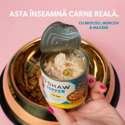 Topper premium pentru câini SHAW cu piept de pui, morcov, broccoli și mazăre în supă, hrană umedă complementară, 170 g